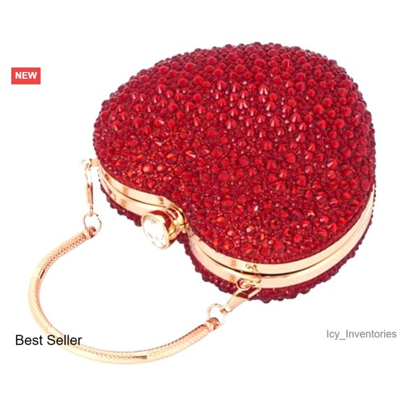 Heart Shaped Clutch Evening Bag with Rhinestones and Detachable Chain